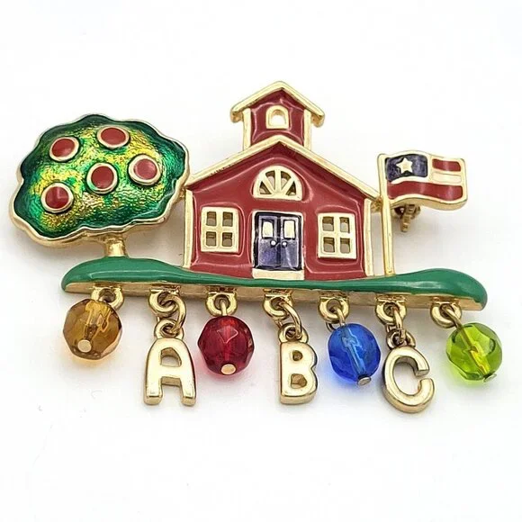 Schoolhouse Brooch With ABC & Beads Enameled Metal Multicolor Pin Closure 2in - Picture 1 of 4